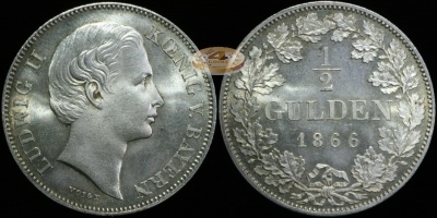 Германия (Бавария). 1/2 гульдена. 1866 (Unc. Серебро)