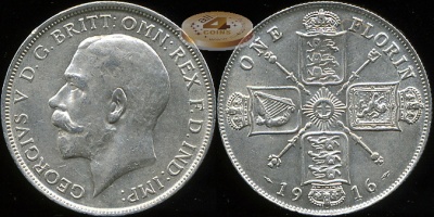 Великобритания. 1 флорин. 1916 (aUnc+. Серебро)