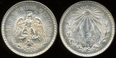 Мексика. 1 песо. 1943 (aUnc. Серебро)