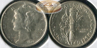 США. 10 центов (Дайм). 1945.S (Unc. Серебро)