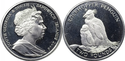 Южная Георгия и Южные Сандвичевы о-ва. Монета 2 фунта. 2006 (KM#22. Unc) Хохлатый Пингвин и пингвине