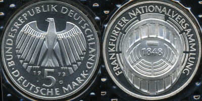 Германия (ФРГ). 5 марок. 1973 G (Proof) Серебро