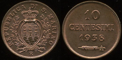 Сан-Марино. 10 центезими. 1938 (Unc)