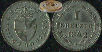 Германия (Хоэнцоллерн). 1 крейцер. 1842 (aUnc/Unc. Билон)
