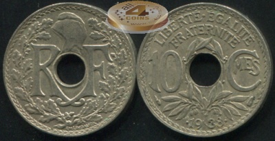 Франция. 10 сантимов. 1938 (aUnc)