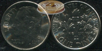 США. Монета 10 центов [Дайм]. 2012.D (KM#195a. Unc) Roosevelt Dime