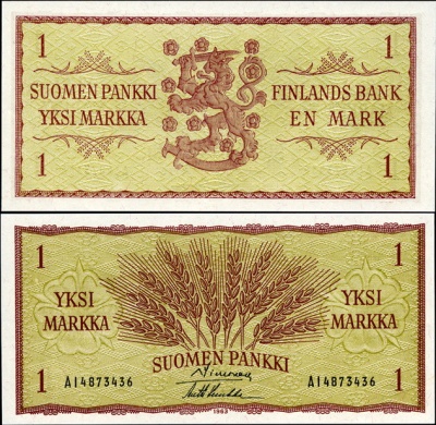 Финляндия. Банкнота 1 финская марка. 1963. Unc. Бумага. Кат.# P.98a