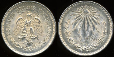 Мексика. 1 песо. 1943 (XF. Серебро)