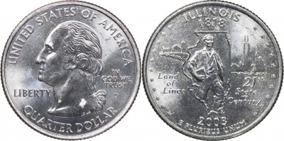 США. Монета 25 центов [Квотер]. 2003.D (KM#343. Unc) Иллинойс