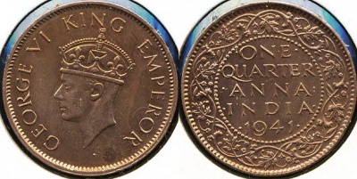 Британская Индия. 1/4 анна. 1941 (Unc)