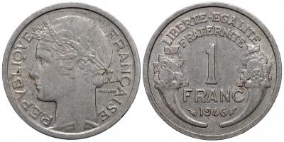 Франция. Монета 1 франк. 1946 (KM#885a. VF)