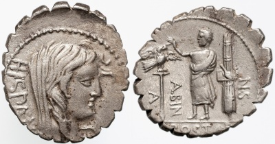 Римская республика. А. Постумий Альбин. Денарий. XF/XF+ серебро. 81 до н.э. Рим