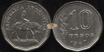 Аргентина. Монета 10 песо. 1967 (KM#60. aUnc)