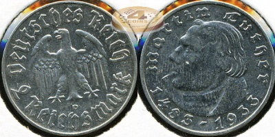 Германия (3й рейх). 2 марки. 1933 D (XF+. Серебро)