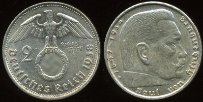 Германия (3й рейх). 2 марки. 1938 (XF. Серебро)