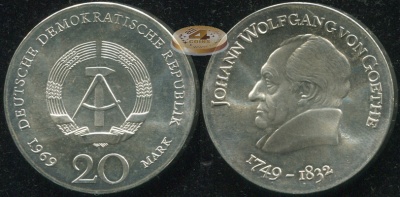 Германия [ГДР]. 20 марок. 1969.A (Unc. Серебро)