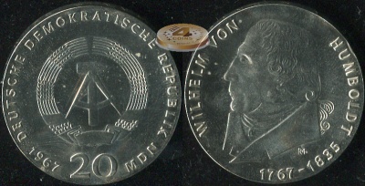 Германия (ГДР). 20 марок. 1967.A (Unc. Серебро)