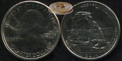США. Монета 25 центов [Квотер]. 2014.S (KM#568. Unc) Arches [Utah]