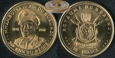 Бурунди. 10 франков. 1965 (matt-Proof. Золото)