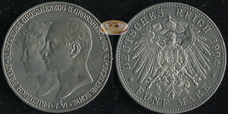 Германия (Мекленбург-Шверин). 5 марок. 1904 A (XF. Серебро)