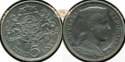 Латвия. 5 латов. 1929 (aXF/XF. Серебро)