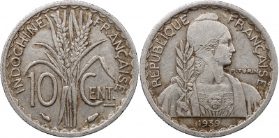 Французский Индокитай. Монета 10 сантимов. 1939 (KM#21.1. VF/XF)