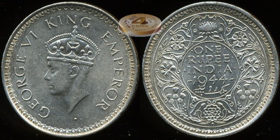 Британская Индия. 1 рупия. 1944 (Unc. Серебро)