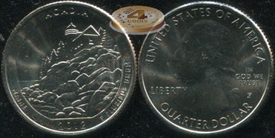 США. Монета 25 центов [Квотер]. 2012.P (KM#521. Unc) Acadia [Maine]