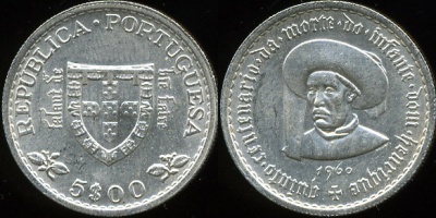 Португалия. 5 эскудо. 1960 (Unc. Серебро)