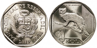 Перу. Монета 1 соль. 2019 (KM#NL. Unc) Андская горная кошка (Leopardus jacobita)