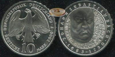 Германия [ФРГ]. 10 марок. 2000.F (Proof. Серебро)