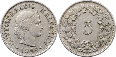Швейцария. Монета 5 раппенов. 1949.B (S.1212 / KM#26. XF/aUnc)