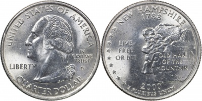 США. Монета 25 центов [Квотер]. 2000.D (KM#308. Unc) Нью-Гэмпшир