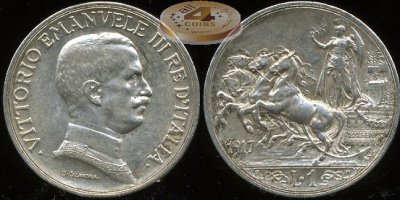 Италия. 1 лира. 1917 (XF. Серебро)