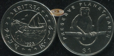 Эритрея. Монета 1 доллар. 1994 (KM#17. Unc) Восточный колобус