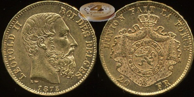 Бельгия. 20 франков. 1875 (aUnc. Золото)