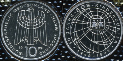 Германия (ФРГ). 10 марок. 1999 (J) (Proof. Серебро)