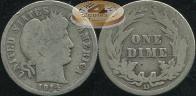 США. 10 центов (Дайм). 1914.D ( G/AG. Серебро)