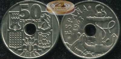 Испания. 50 центимов. 1963 (Unc)
