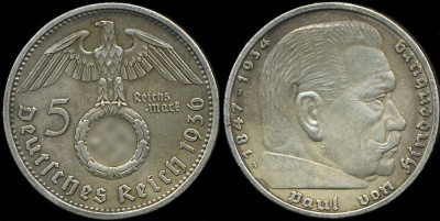 Германия (3й рейх). 5 марок. 1936. (Unc. Серебро)