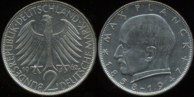 Германия (ФРГ). 2 марки (aUnc) 1962 D