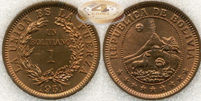 Боливия. 1 боливиано. 1951 (BU [MS-66]. Слаб)