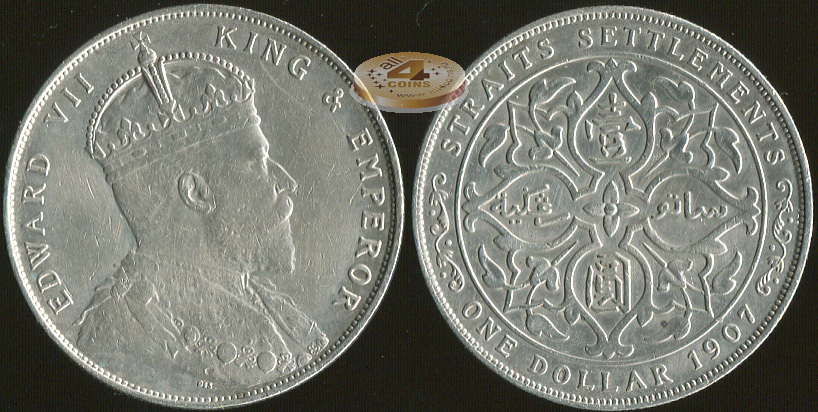 Стрейтс-Сетлментс. 1 доллар. 1907 (aXF/XF. Серебро)