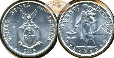 Филиппины. 20 центаво. 1945 (XF+. Серебро)