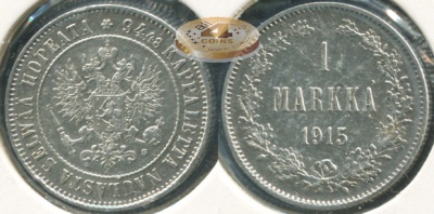 Финляндия (Российская). 1 марка. 1915 (XF+. Серебро)