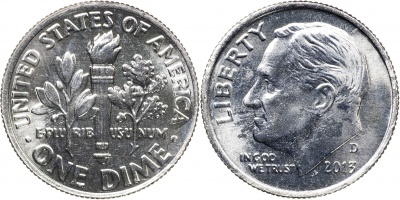 США. Монета 10 центов [Дайм]. 2013.D (KM#195a. Unc) Roosevelt Dime