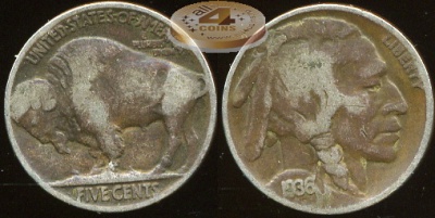 США. 5 центов. 1936 (VF. тонированная)