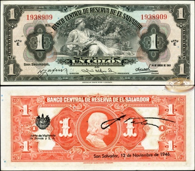 Сальвадор. Банкнота 1 колон. 12.11.1946. Unc. Бумага. Кат.# P.75 Редкая
