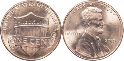 США. 1 цент. 2010.P (Unc) Lincoln Cent. Реверс щита