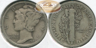США. 10 центов [Дайм]. 1920 (VF. Серебро)